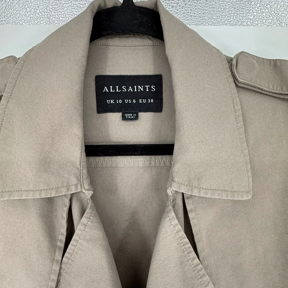 AllSaints Kay Mac Trench Coat Taupe Brown Cotton Grommet‎ Belted Cuff US 6 W009N